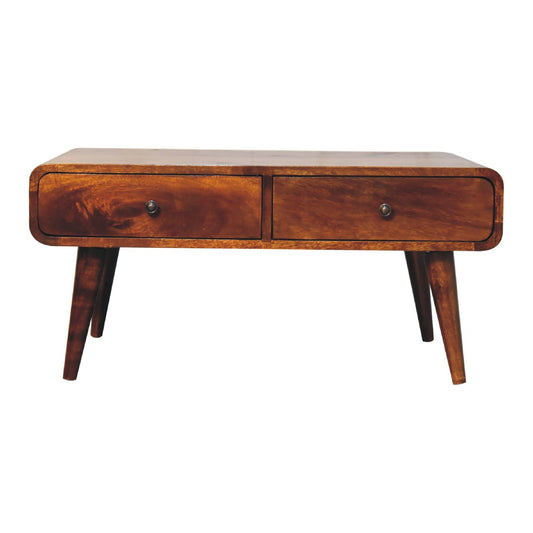 Front-facing view of the rectangular wooden coffee table with twin drawers and mid-century style legs.
