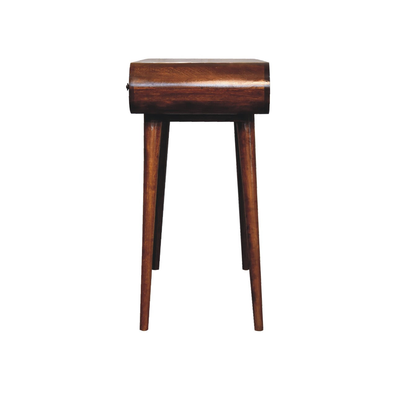 Side profile of a mid-century wooden dressing table showing the slim depth, rounded edges, and tapered legs.