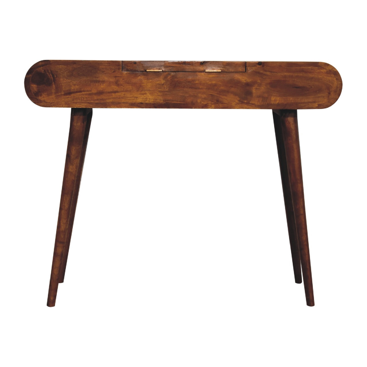 Back-facing view of a wooden dressing table with smooth rounded edges and slim tapered legs.