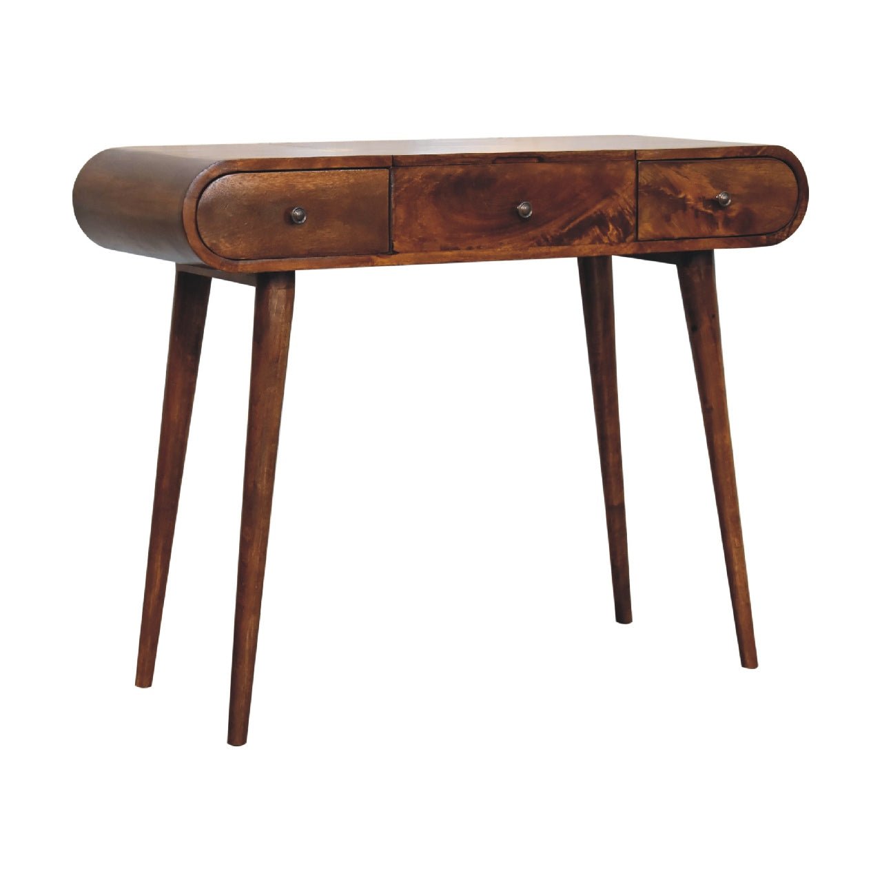 Angled left side corner view of a wooden dressing table with three drawers and rounded edges, highlighting the polished finish and tapered legs.