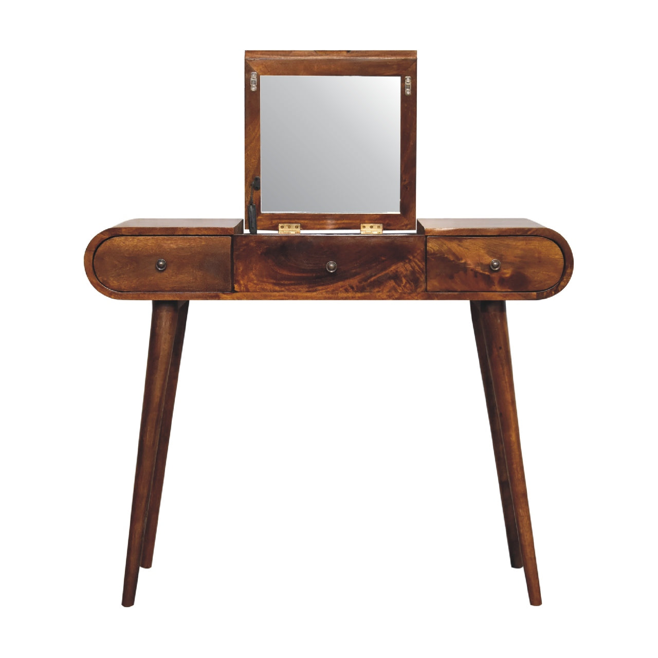 Front-facing view of a wooden dressing table with fold-out mirror open, three drawers below, and slim tapered legs.