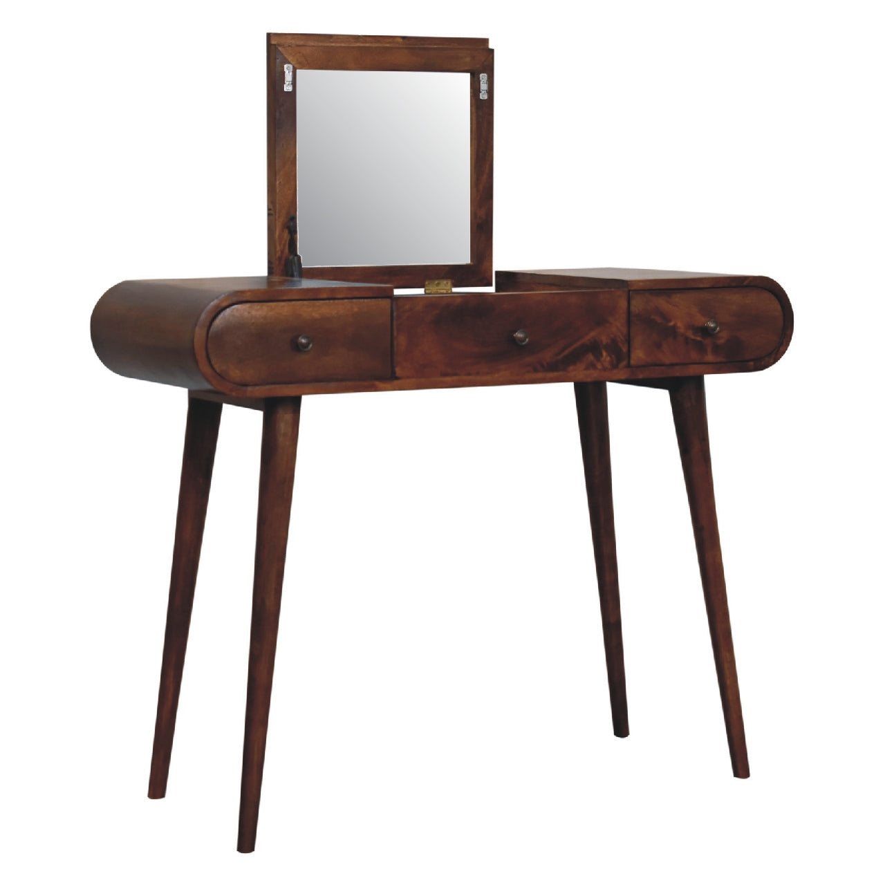 Angled left hand corner view of a wooden dressing table with fold-out mirror open, three drawers, and mid-century style legs.