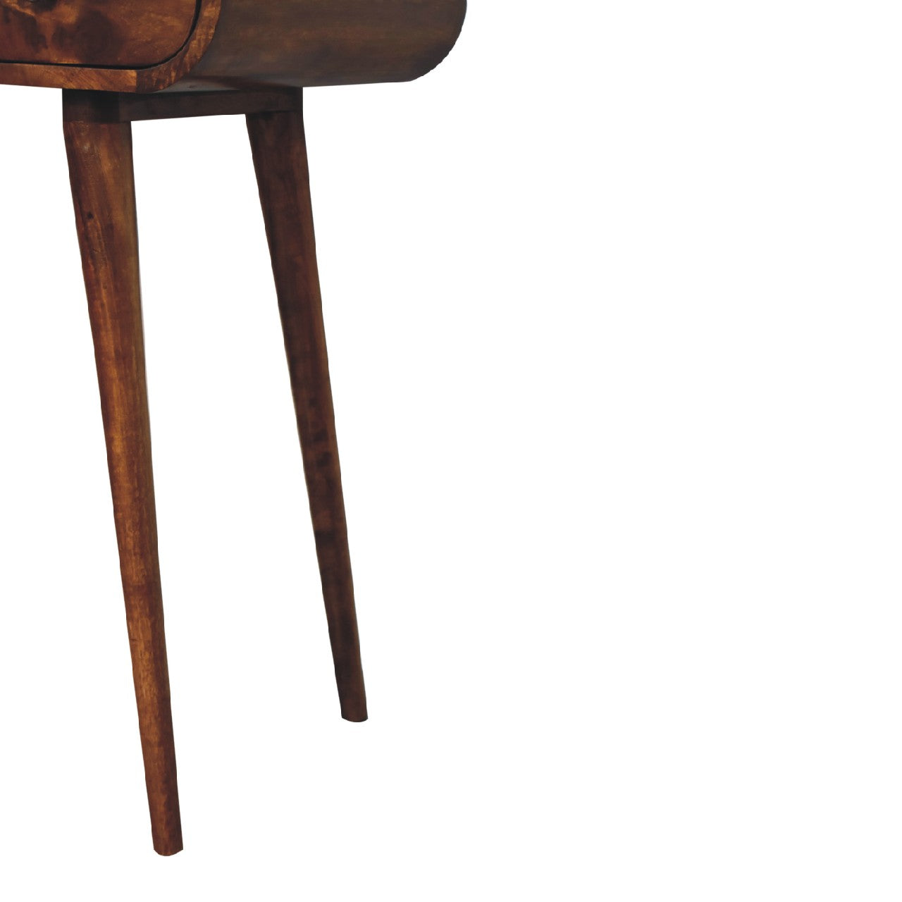 Close-up of a slim tapered wooden leg supporting a mid-century style dressing table, showing the polished finish.