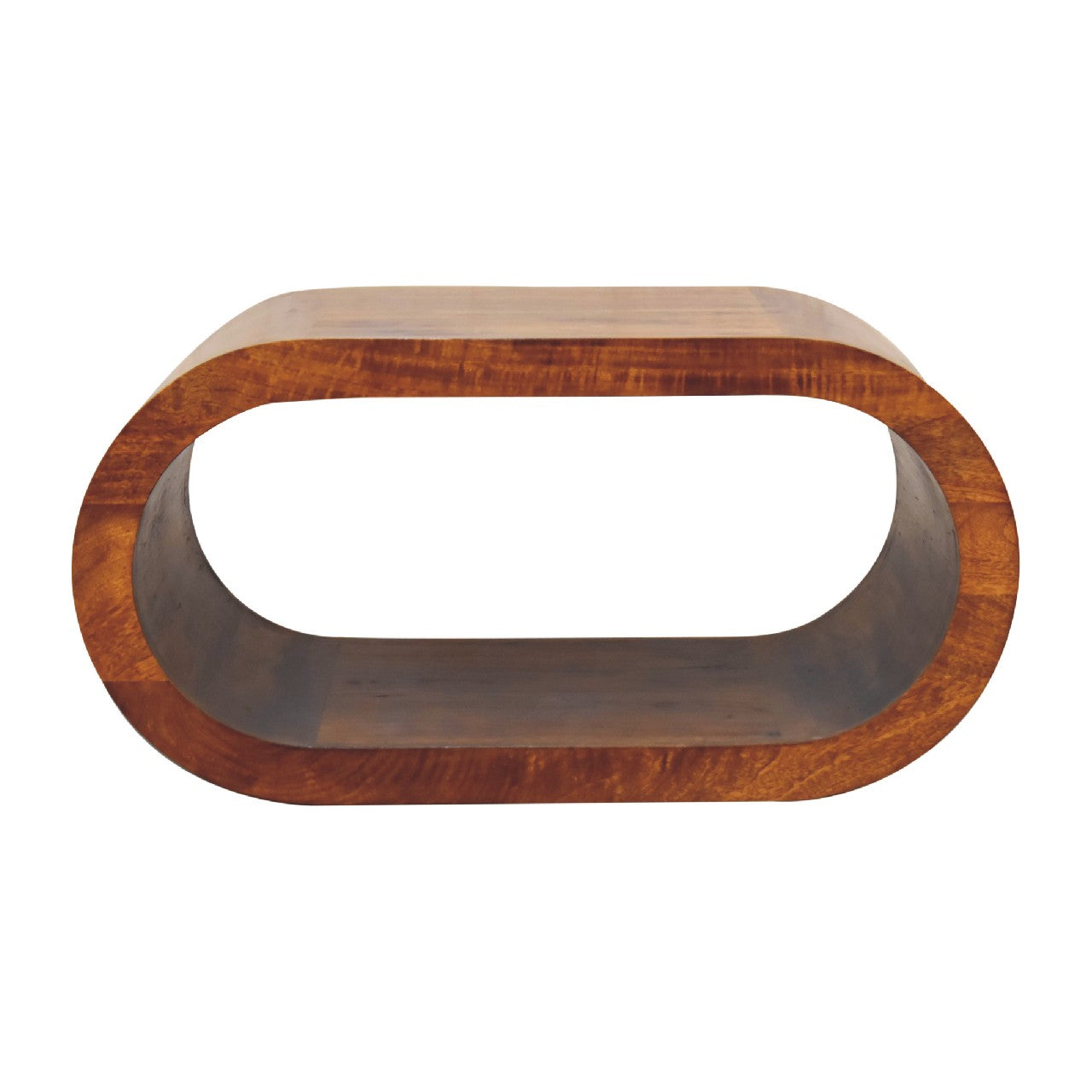 Wooden oval coffee table with a hollow open centre, smooth edges, and a polished finish.