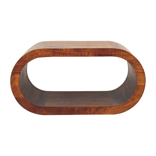 Wooden oval coffee table with a hollow open centre, smooth edges, and a polished finish.