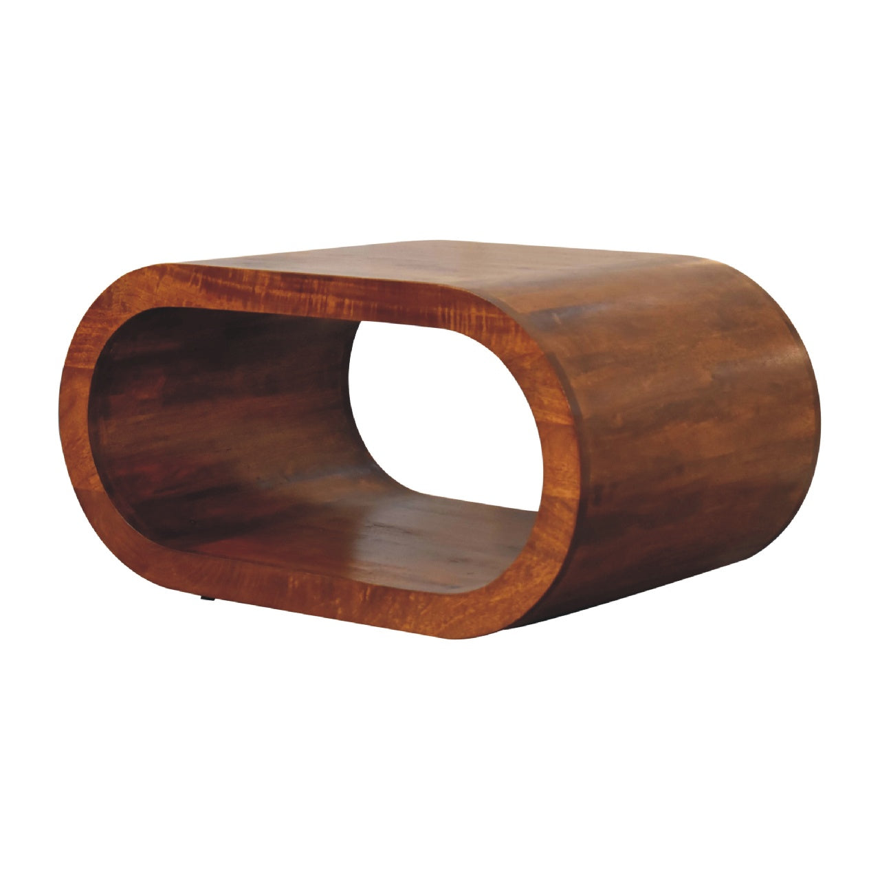 Right side profile of the curved wooden coffee table, highlighting its continuous oval frame and smooth surface.