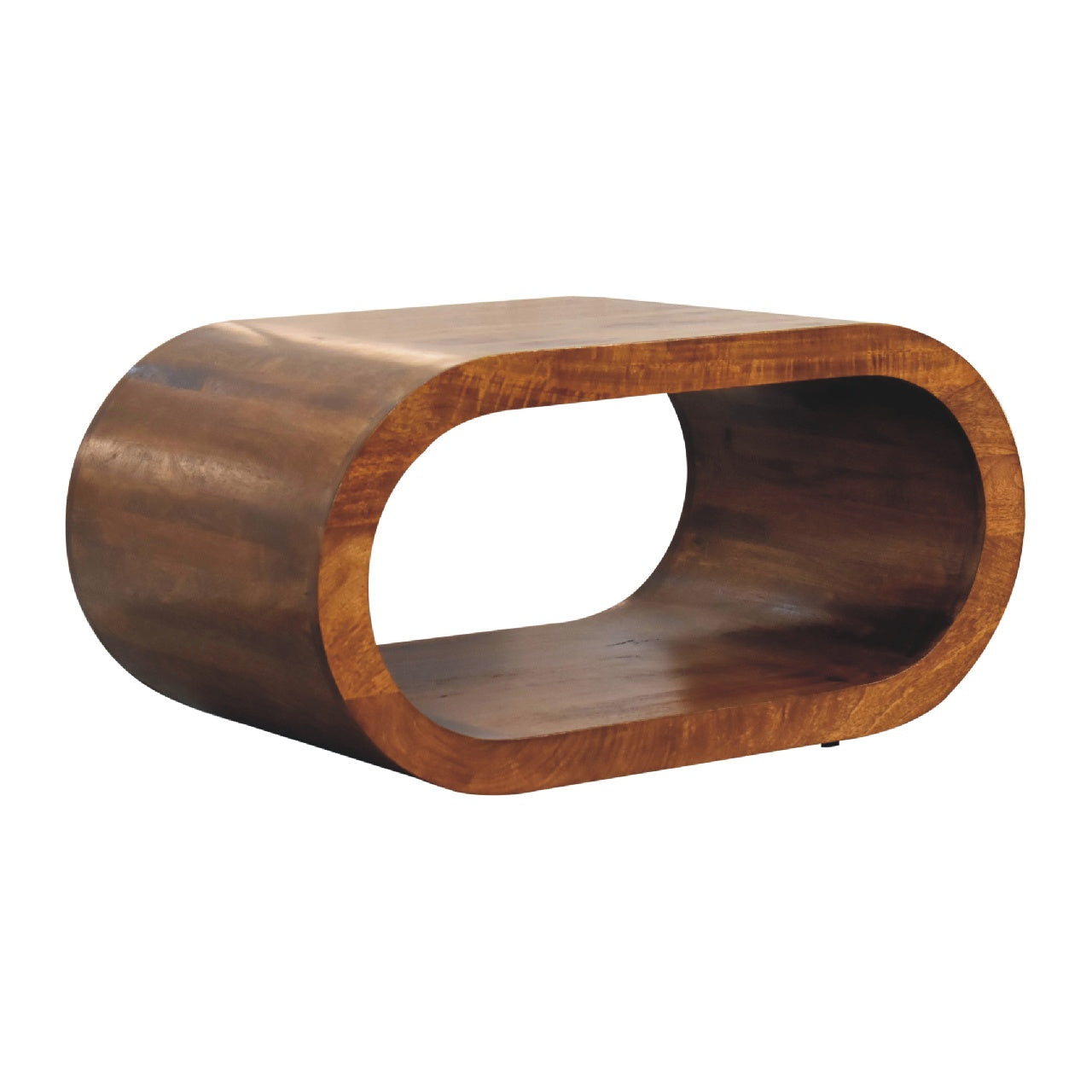 Left side profile of the curved wooden coffee table, highlighting its continuous oval frame and smooth surface.