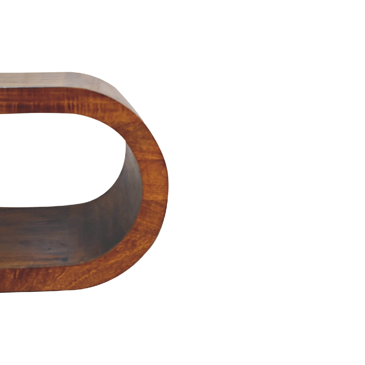Detailed view of the rounded corner of the oval coffee table, emphasising the curved craftsmanship and finish.