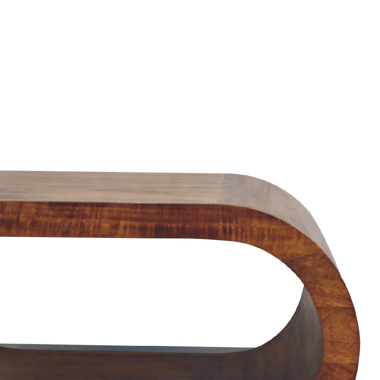 Close-up of the polished wooden surface, showing the rich natural grain and smooth varnish finish.