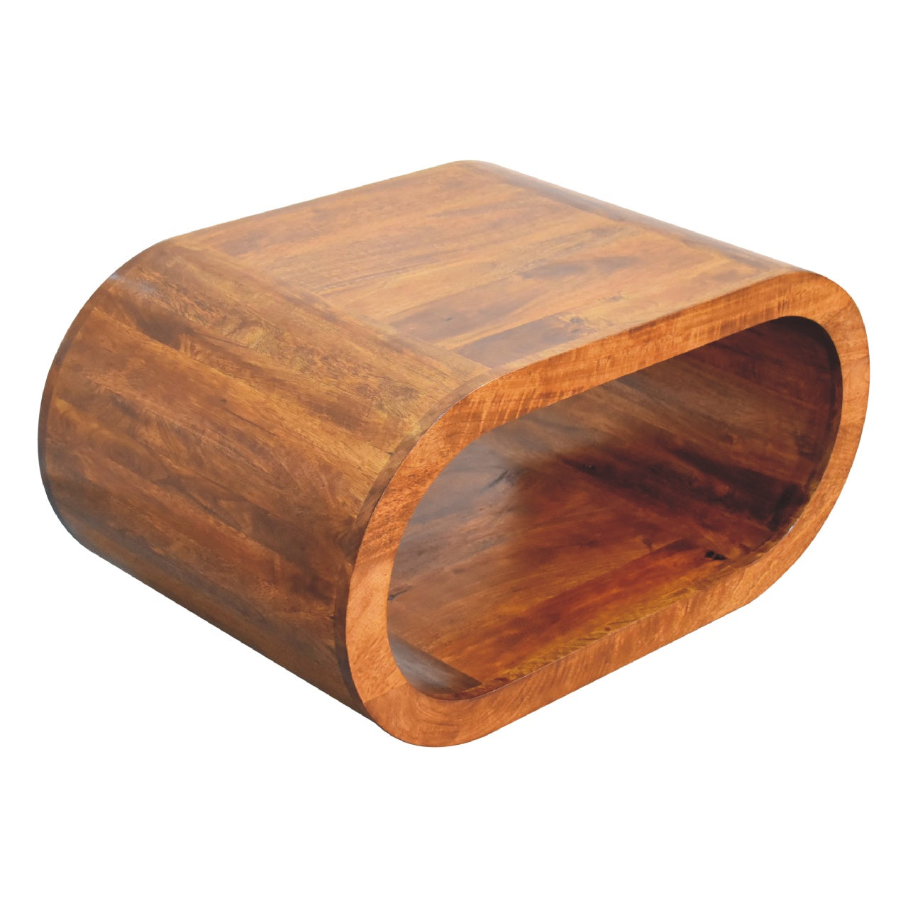 Top view of the oval wooden table, showing the polished wood grain and flat upper surface.