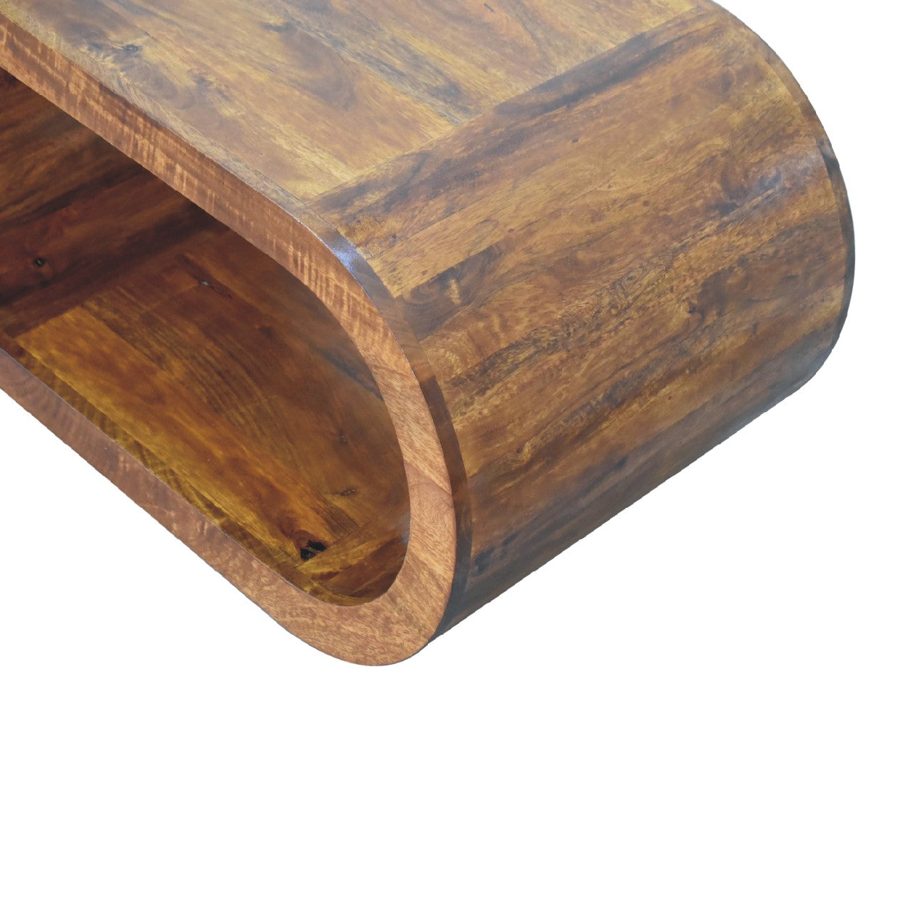 Top view and side profile of the curved wooden coffee table, highlighting its continuous oval frame and smooth surface, also showing the polished wood grain and flat upper surface.