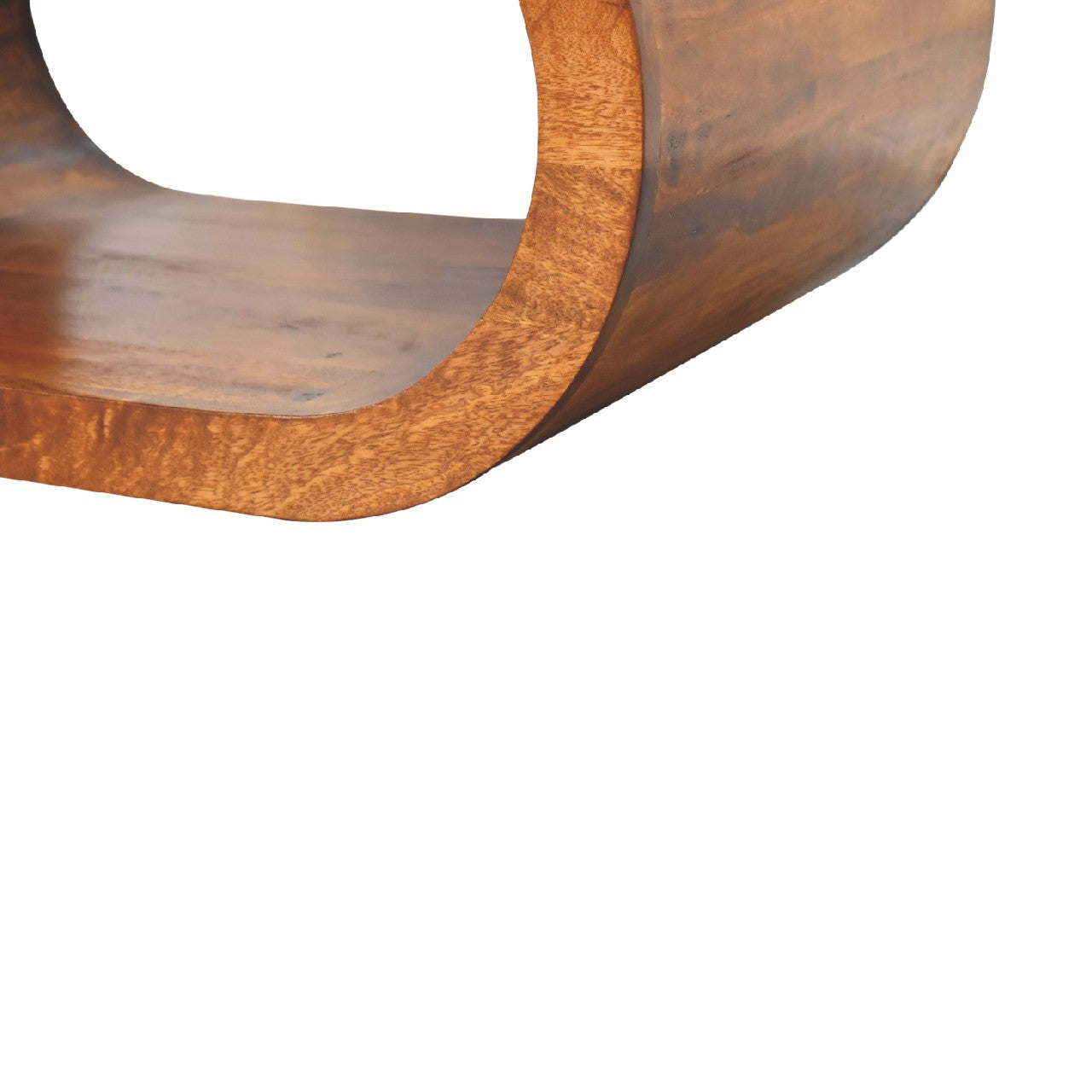 Close-up of the polished wooden edge and lower surface, showing the rich natural grain and smooth varnish finish.
