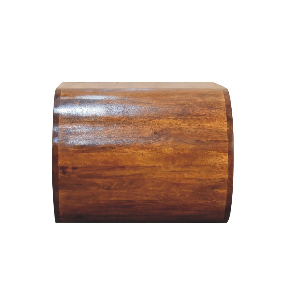 Perpendicular side profile of the curved wooden coffee table, highlighting its continuous oval frame and smooth surface.
