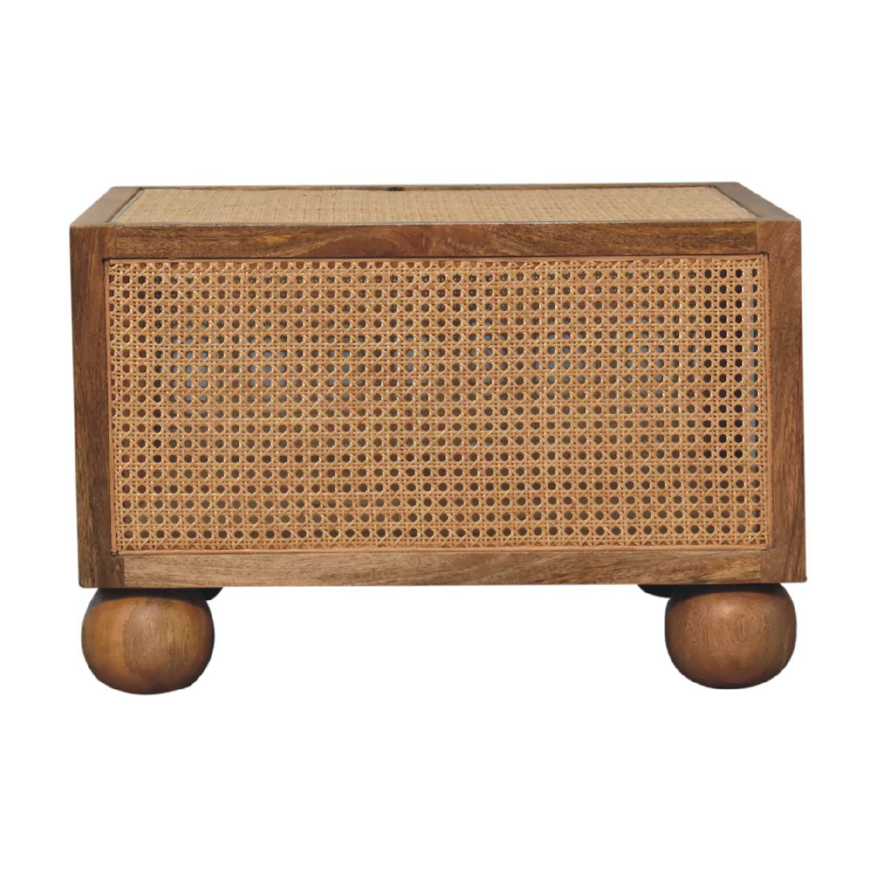 Side profile of a wooden coffee table with a box-like square frame, rattan panelling, and spherical wooden feet.
