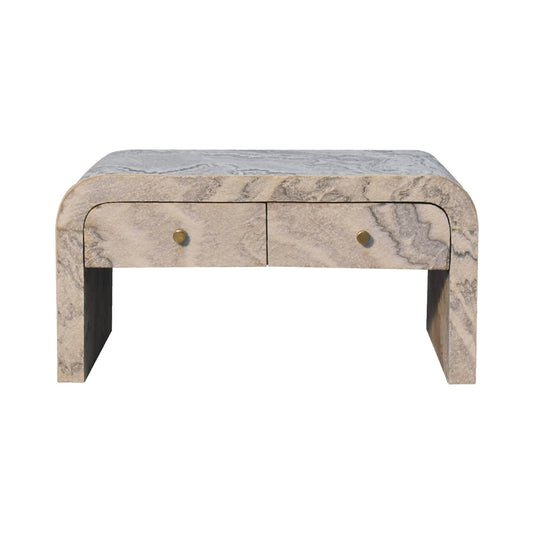 Rectangular marble-effect coffee table with smooth curved edges, two central drawers with brass knobs, and a contemporary block-leg design.