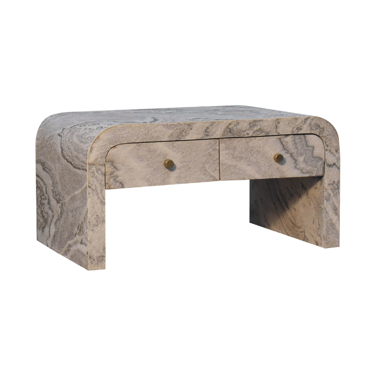 Left hand angled corner view of a rectangular marble-effect coffee table, highlighting the curved edges, stone-style patterning, and block legs.