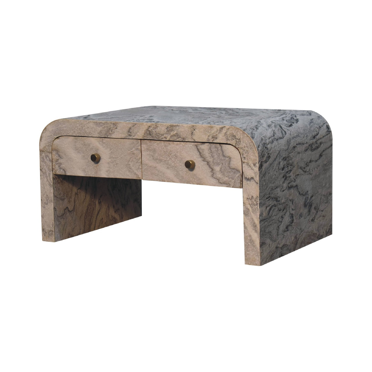 Right hand angled corner view of a rectangular marble-effect coffee table, highlighting the curved edges, stone-style patterning, and block legs.