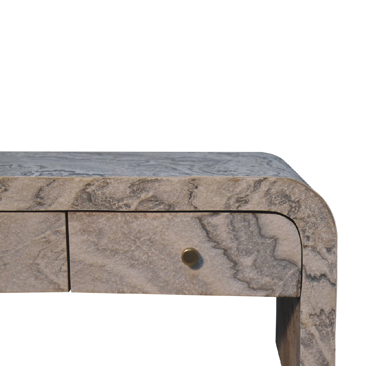 Close-up of the corner of a marble-effect coffee table, focusing on the smooth rounded edge and stone-like pattern.