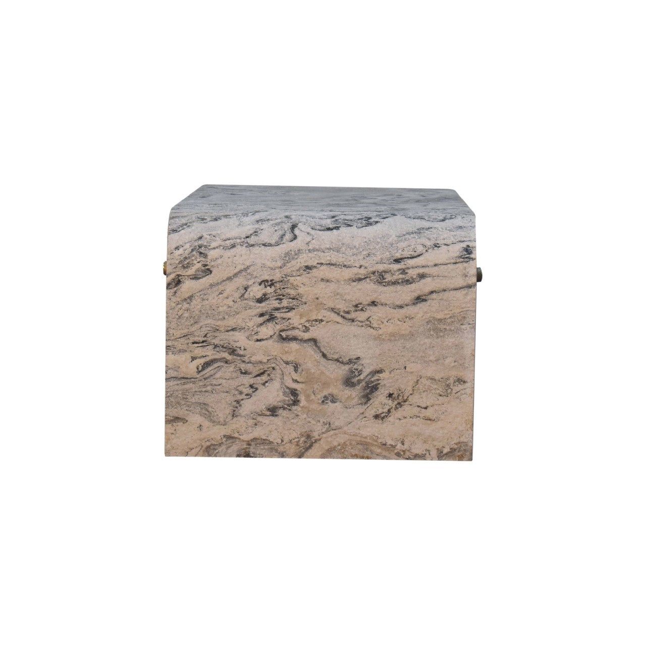 Side profile of a rectangular marble-effect coffee table with gently rounded edges, a thick frame, and a sturdy block-leg design.