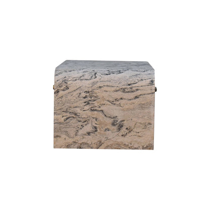 Side profile of a rectangular marble-effect coffee table with gently rounded edges, a thick frame, and a sturdy block-leg design.
