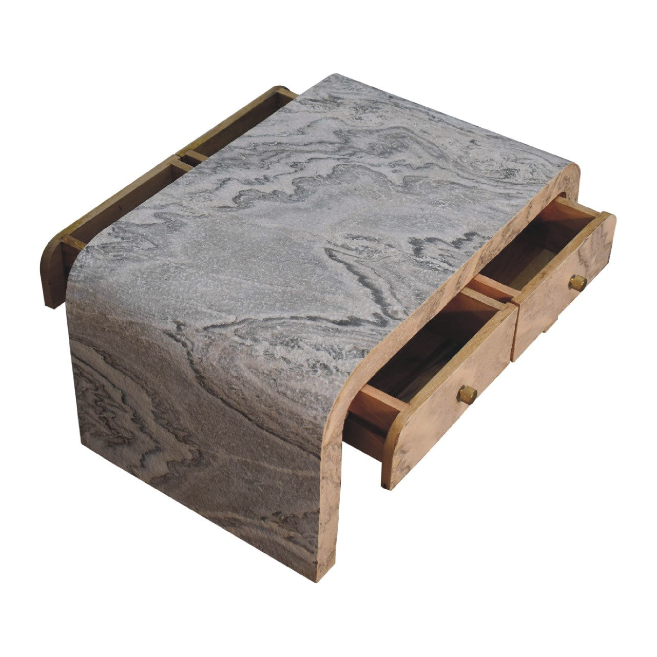 Overhead view of a whole marble-effect coffee table with a rectangular polished surface showcasing natural stone-like veining with 2 drawers on each side open showing 4 open drawers in total