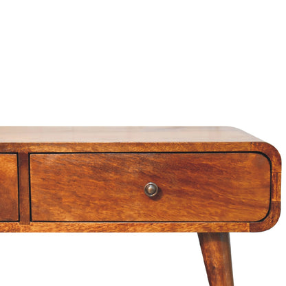 Close-up of the right hand drawer with rounded brass knobs and neatly framed fronts.