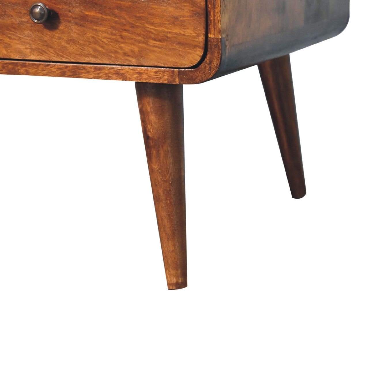 Close-up of the angled tapered legs emphasising mid-century modern style.