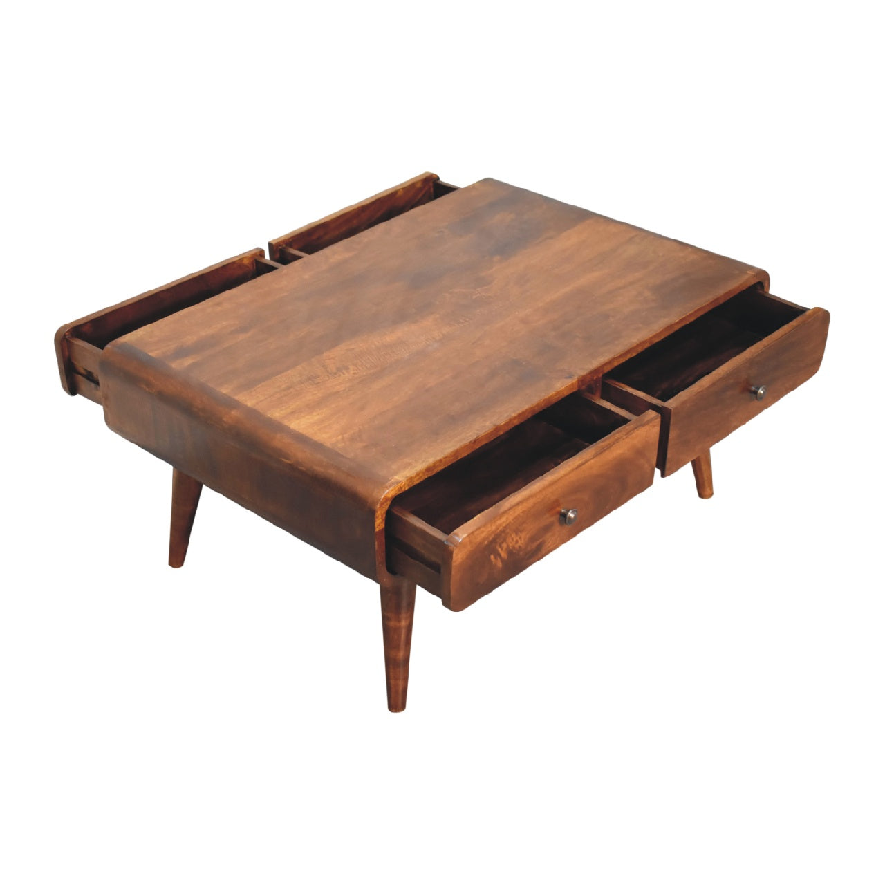 Top angle bird's eye view of whole rectangular coffee table showing the 2 drawers on each side open, with a total of 4 drawers open.
