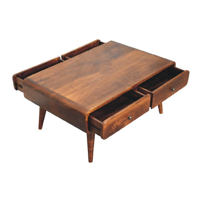 Top angle bird's eye view of whole rectangular coffee table showing the 2 drawers on each side open, with a total of 4 drawers open.