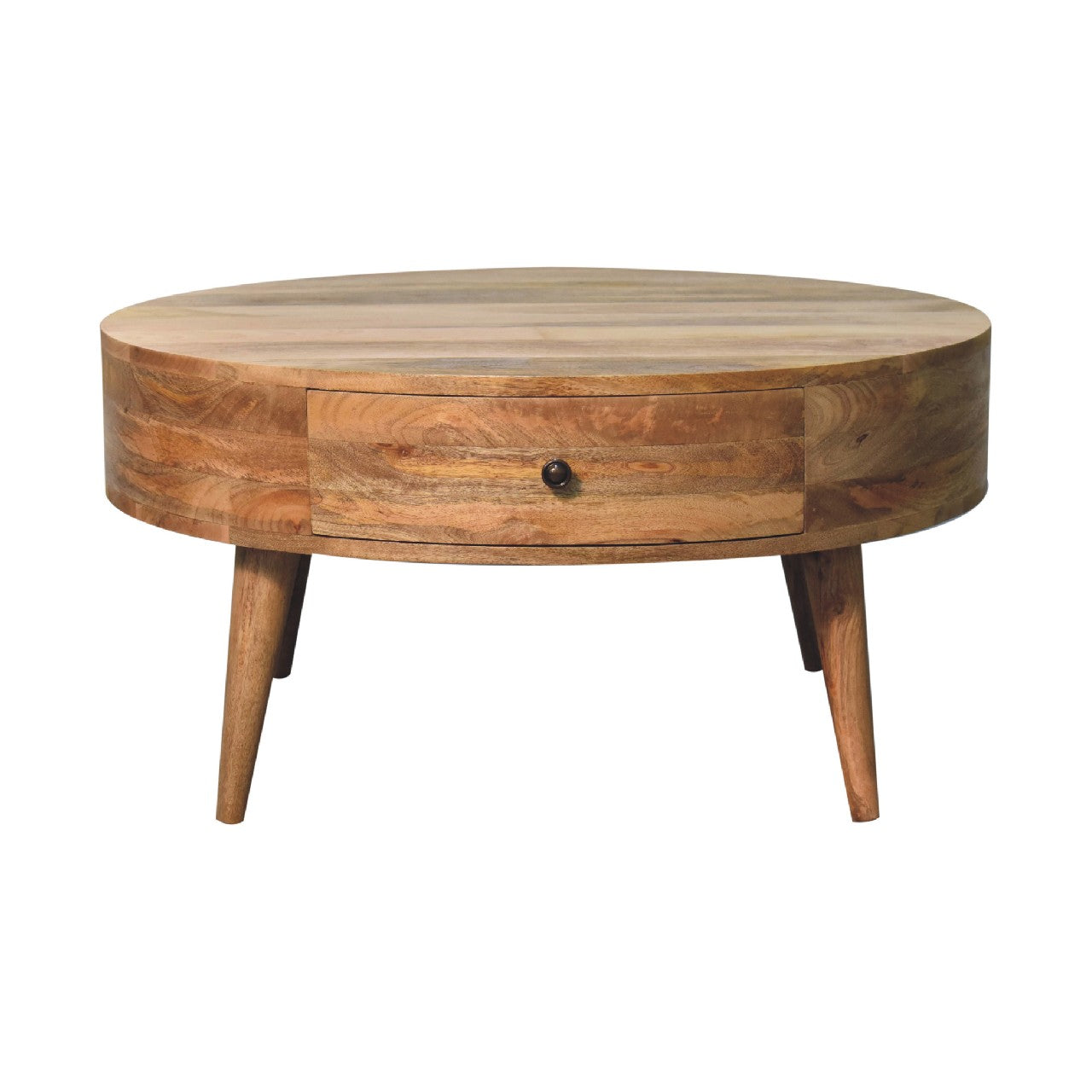 Front-facing view of the round wooden coffee table with drawer and mid-century style legs.