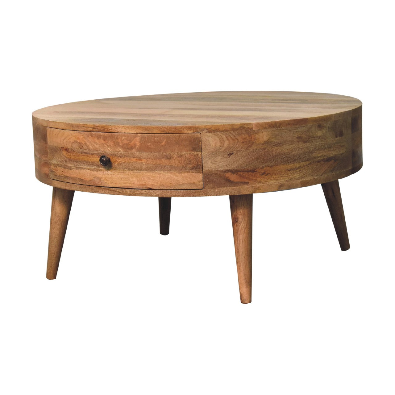 Side profile showing the table’s circular shape and smooth natural wood grain.
