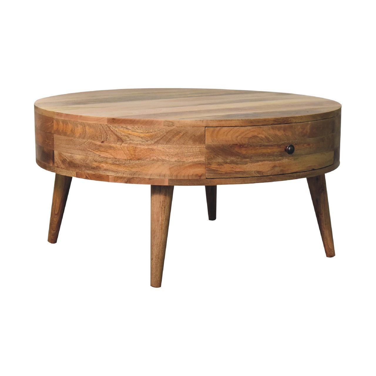 Side profile showing the table’s circular shape and smooth natural wood grain.