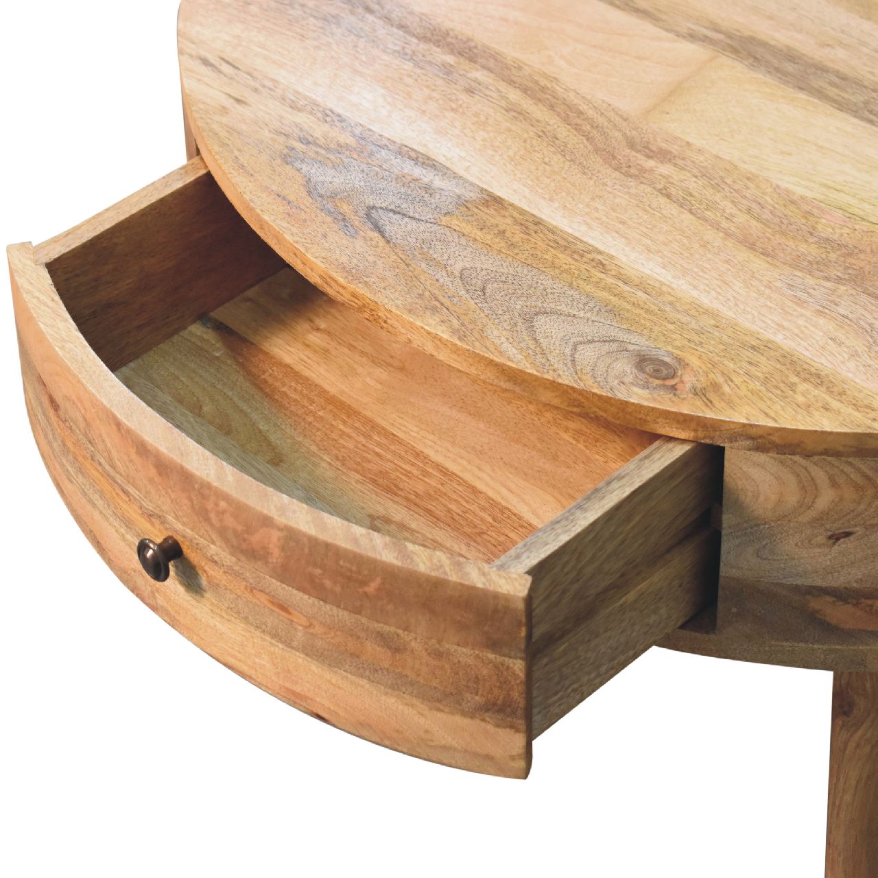 Close-up of the tabletop surface with visible natural wood variations and 1 open drawer