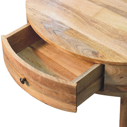Close-up of the tabletop surface with visible natural wood variations and 1 open drawer