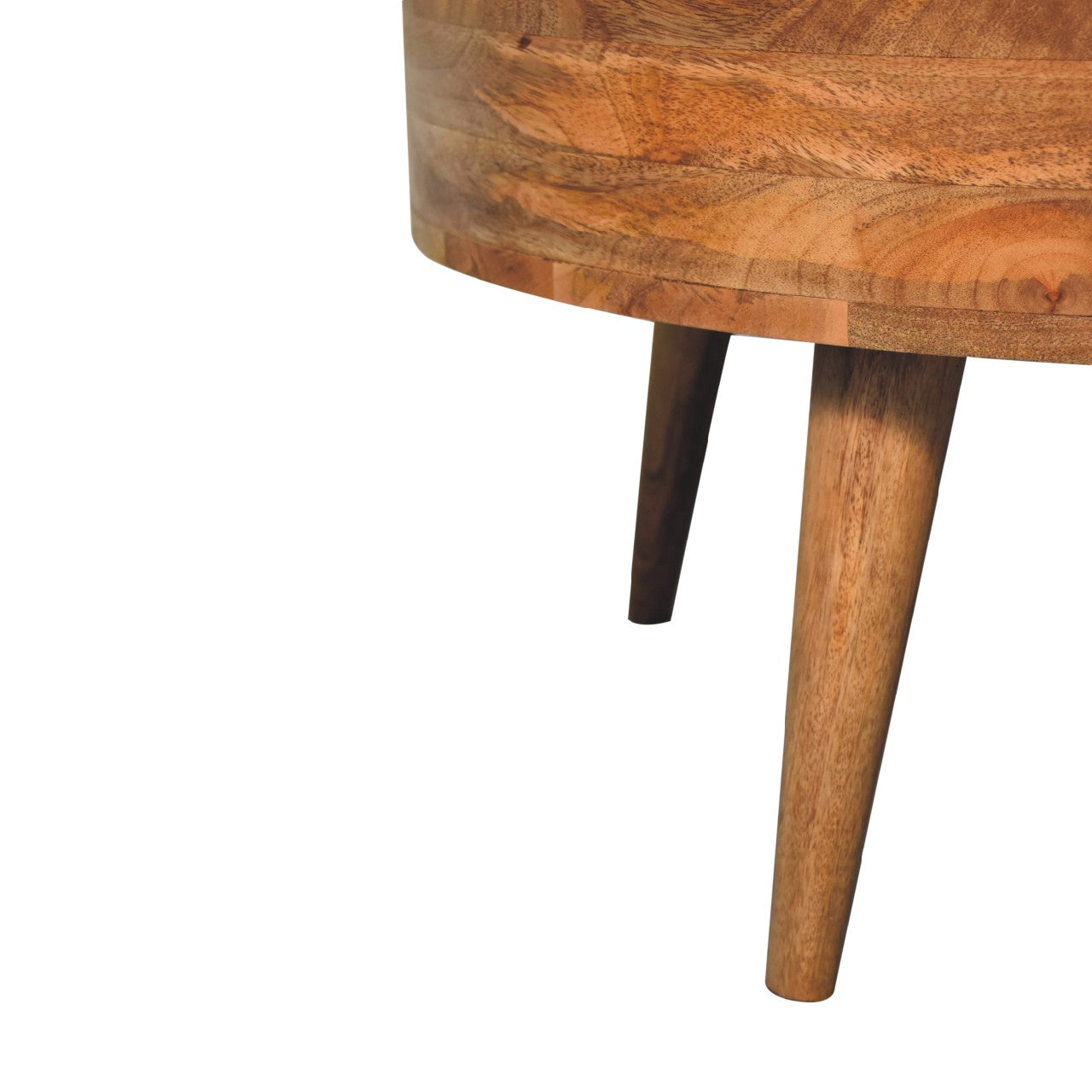 Close-up of tapered wooden legs for stability and mid-century modern styling.