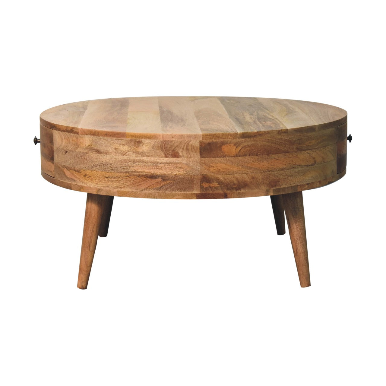 Side profile showing the table’s circular shape and smooth natural wood grain.