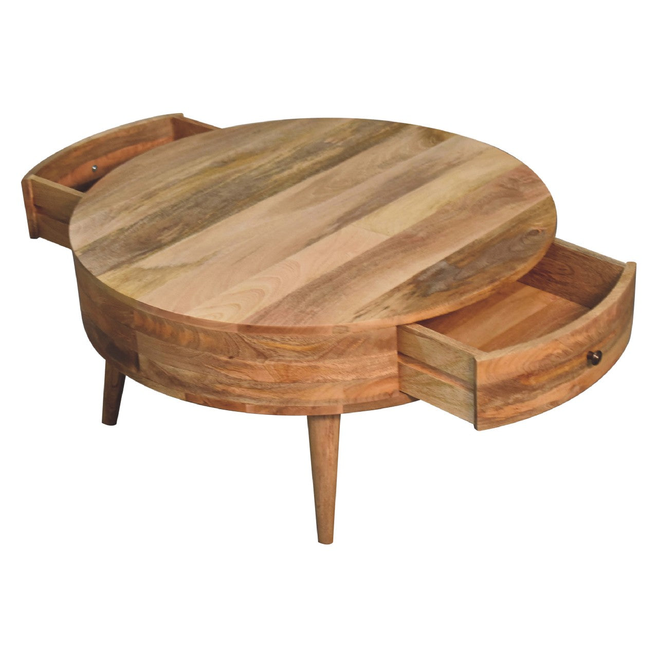 Top profile showing the table’s circular shape and smooth natural wood grain surface with visible natural wood variations and both side drawers open
