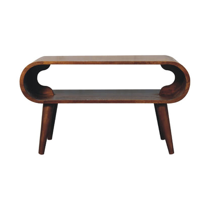 Modern wooden coffee table with a curved open-frame design, smooth oval-edged top, lower shelf, and angled tapered legs.