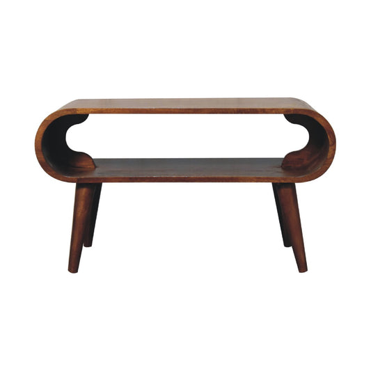 Modern wooden coffee table with a curved open-frame design, smooth oval-edged top, lower shelf, and angled tapered legs.