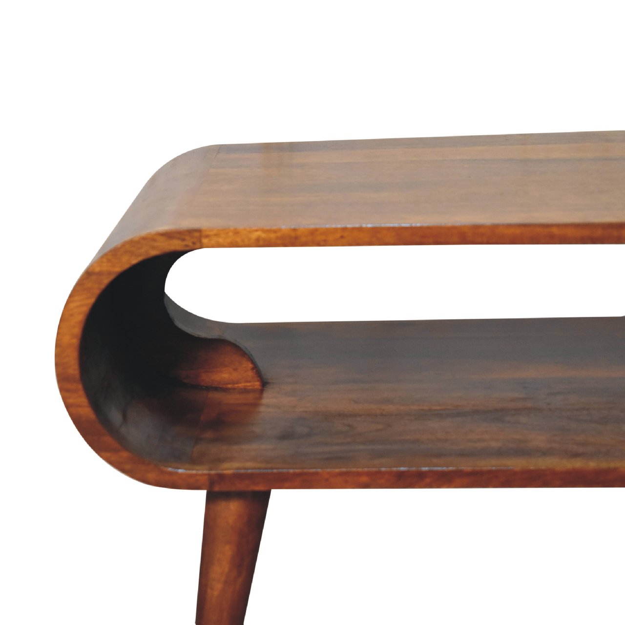 Close-up of the rounded corner of a curved wooden coffee table, showing the smooth join and polished wood grain.