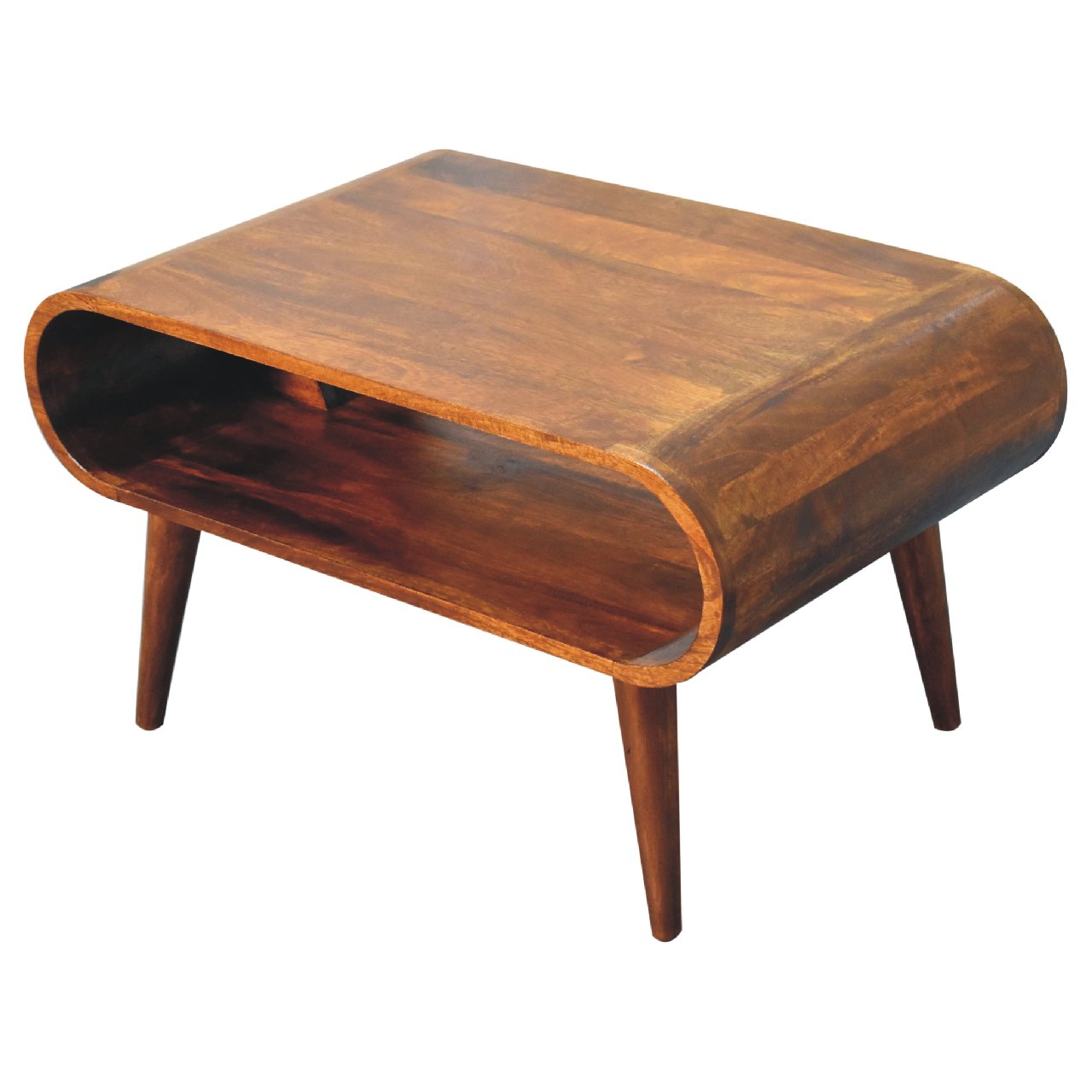 Overhead view of the whole of a wooden coffee table with a flat polished surface, curved edges, and an open shelf below.