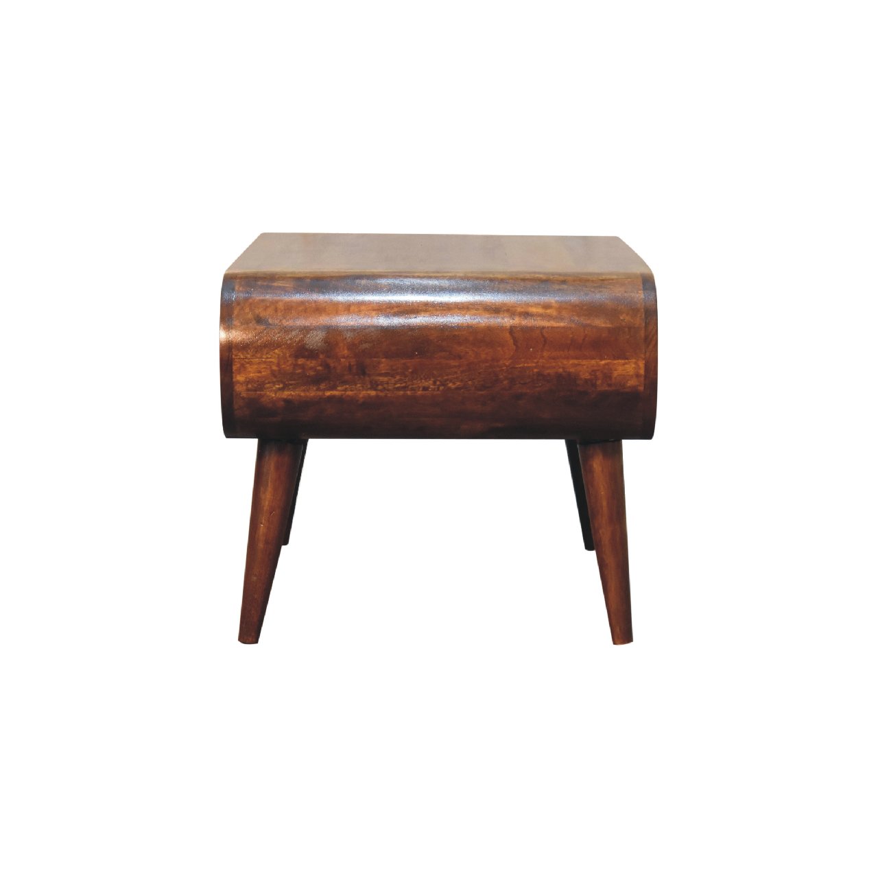 Side profile of a curved wooden coffee table with a smooth continuous frame, integrated open shelf, and angled legs for stability.
