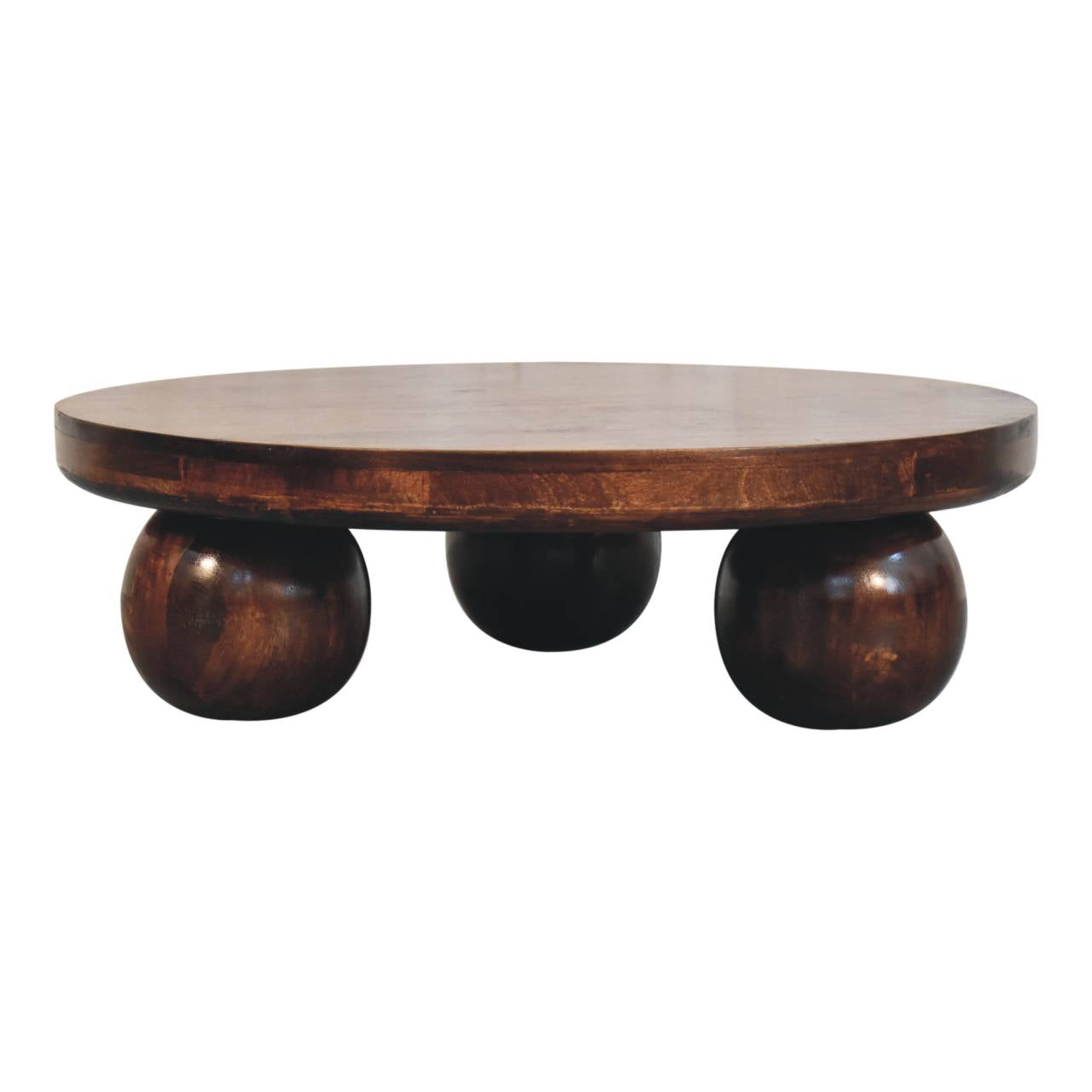 Round wooden coffee table with 3 spherical wooden legs against a white background