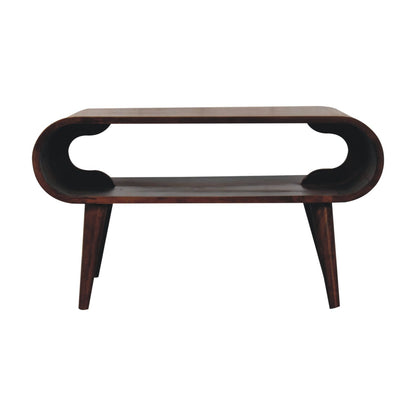 oval dark brown wooden coffee table with 4 legs on a white background