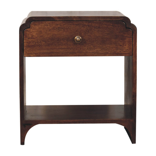 Handcrafted wooden bedside table with single drawer and lower shelf in a rich dark brown finish.