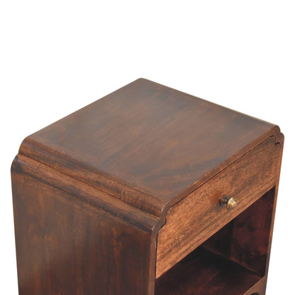 Close-up of the tabletop surface showing the rich wood grain and polished finish.