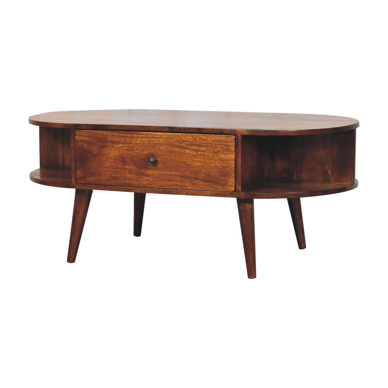 15 degree right angle from the front-facing view of the oval coffee table showing its single central drawer and open shelves on either side.