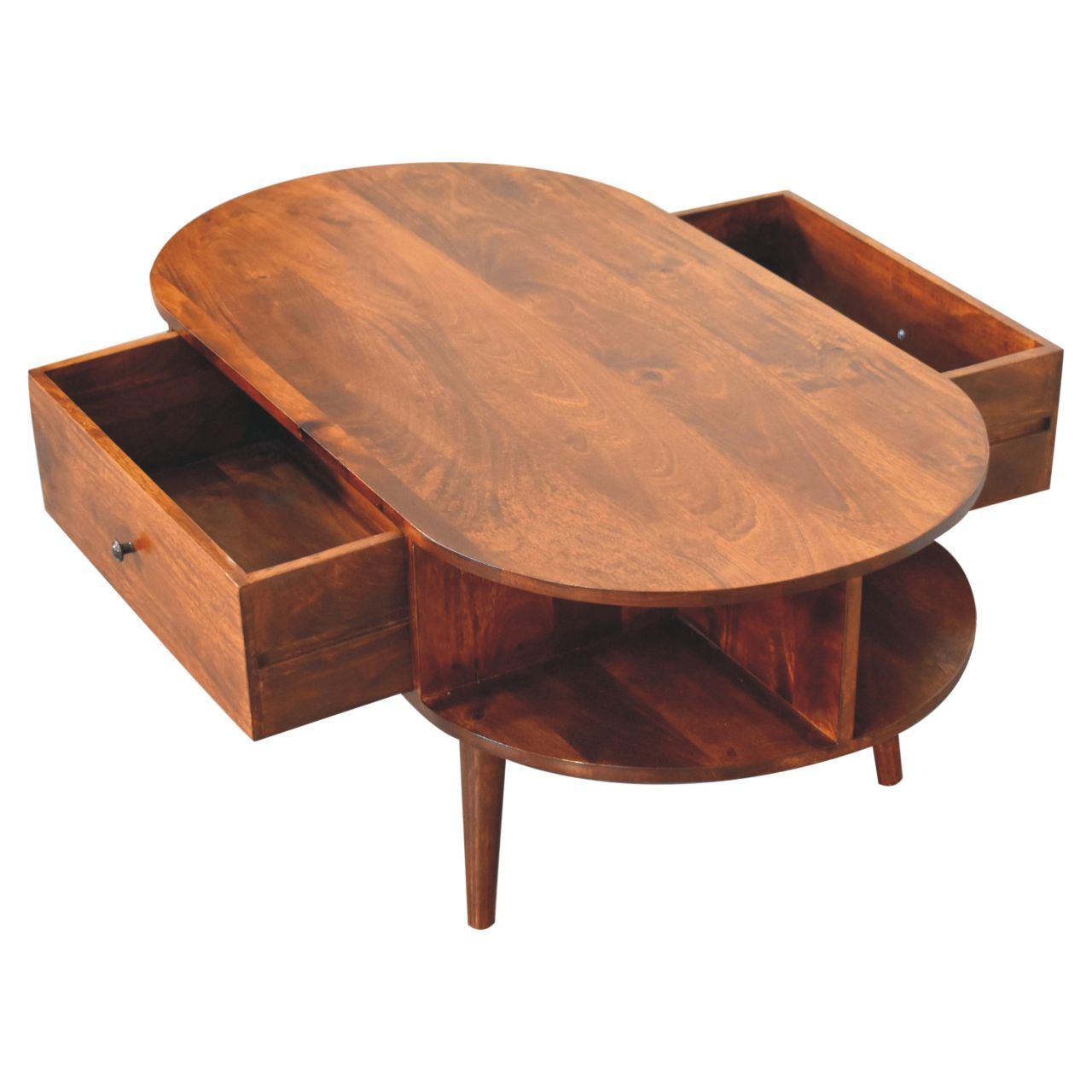 Top view of the oval wooden coffee table, showing the polished surface and rounded edges, 2 open compartments on one side and the 2 side drawers which are both open