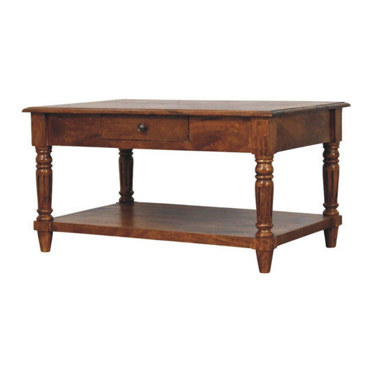right side profile of the rectangular wooden coffee table, highlighting its detailed craftsmanship and classic style.