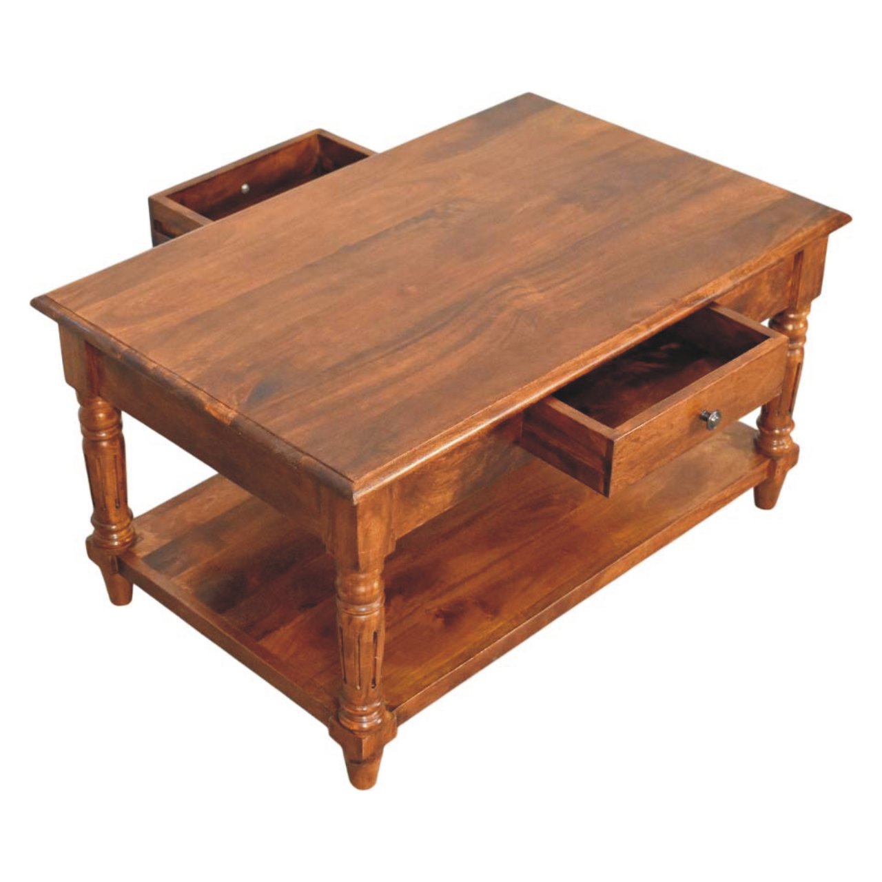 Top view of a rectangular coffee table, showing its flat polished wooden surface and rectangular form with both drawers on each side open